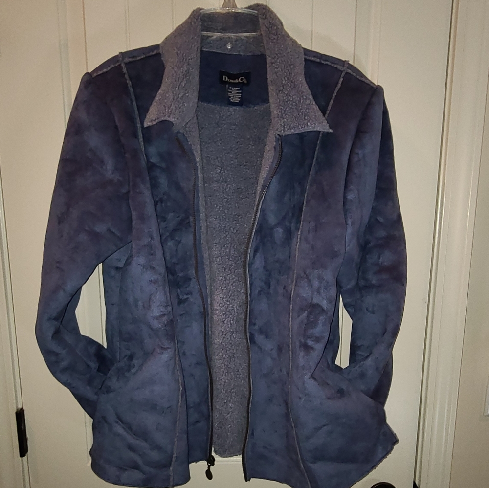 Denim & Company Shearling Suede Blue XL Zip Front